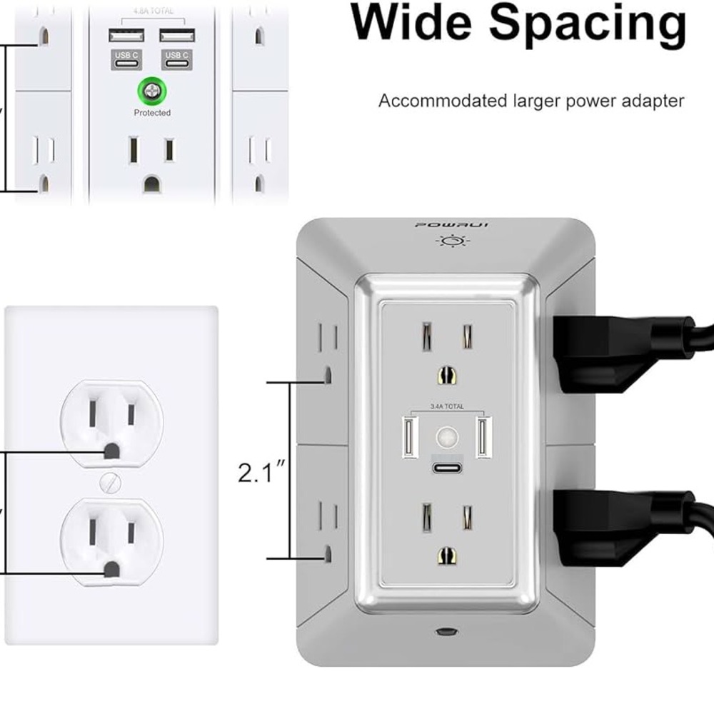 White USB Wall Outlet Converter with Wide Spacing.